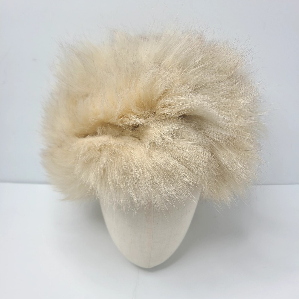 Vintage Cream Fur Cossack Russian Style Hat Winter Pillbox Fluffy Blonde Beige